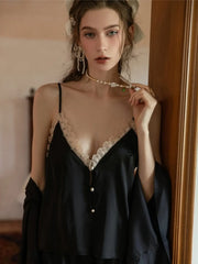 Button-Front Lace Satin Cami & Shorts Set - TEVQA