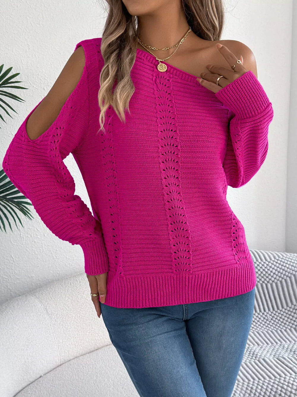 White Hollow Out Cold Shoulder Knit Sweater - TEVQA