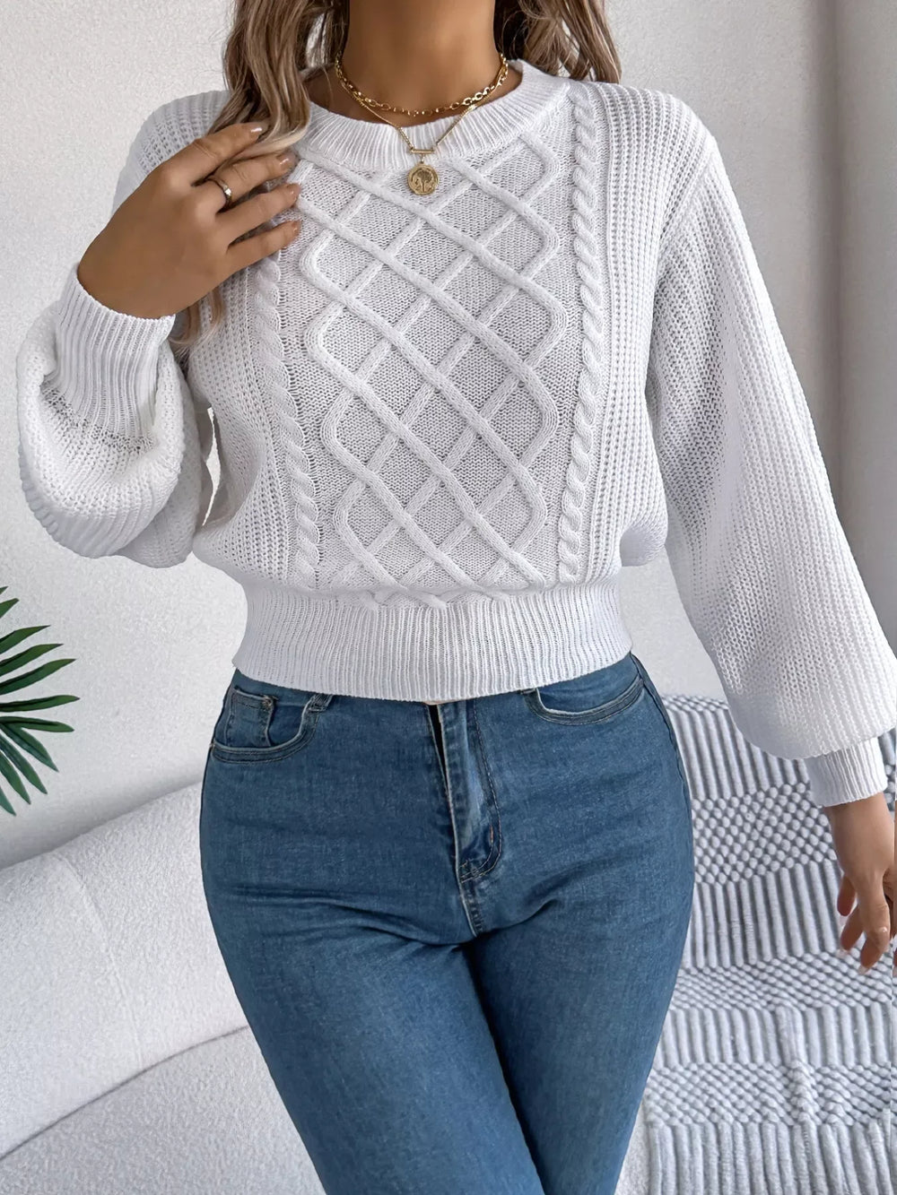 Orange Cable Knit Cinched Waist Sweater - View 23 | TEVQA
