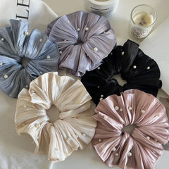 Jumbo Plissé Satin & Pearl Scrunchie (7 Inch) - TEVQA