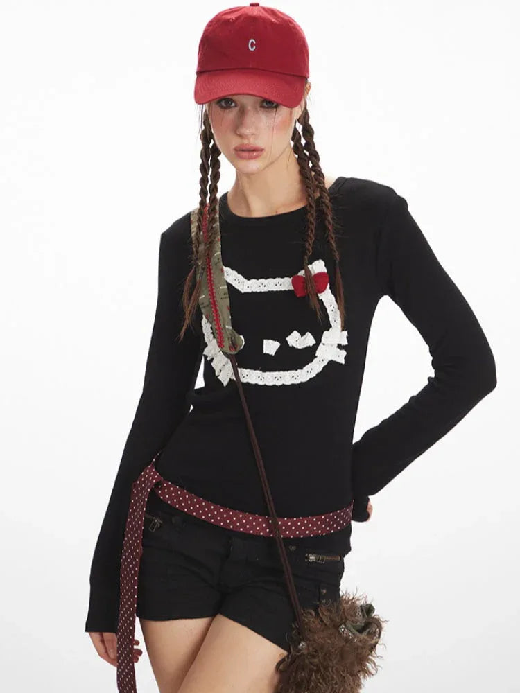 Y2K Coquette Aesthetic Abstract Cat Graphic Long Sleeve Top - TEVQA