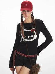 Y2K Coquette Aesthetic Abstract Cat Graphic Long Sleeve Top - TEVQA
