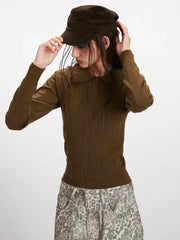 Vintage Brown Ribbed Knit Polo Sweater - TEVQA