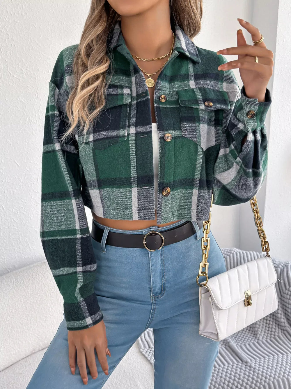 Rust Plaid Cropped Shacket - View 17 | TEVQA