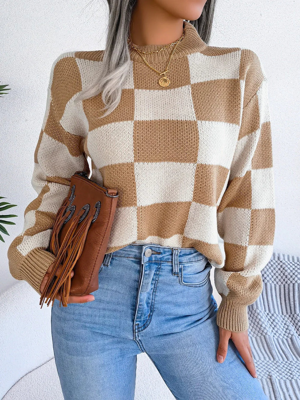 Black and white checkerboard knit mock neck sweater - View 11 | TEVQA