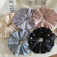 Jumbo Plissé Satin & Pearl Scrunchie (7 Inch) - TEVQA