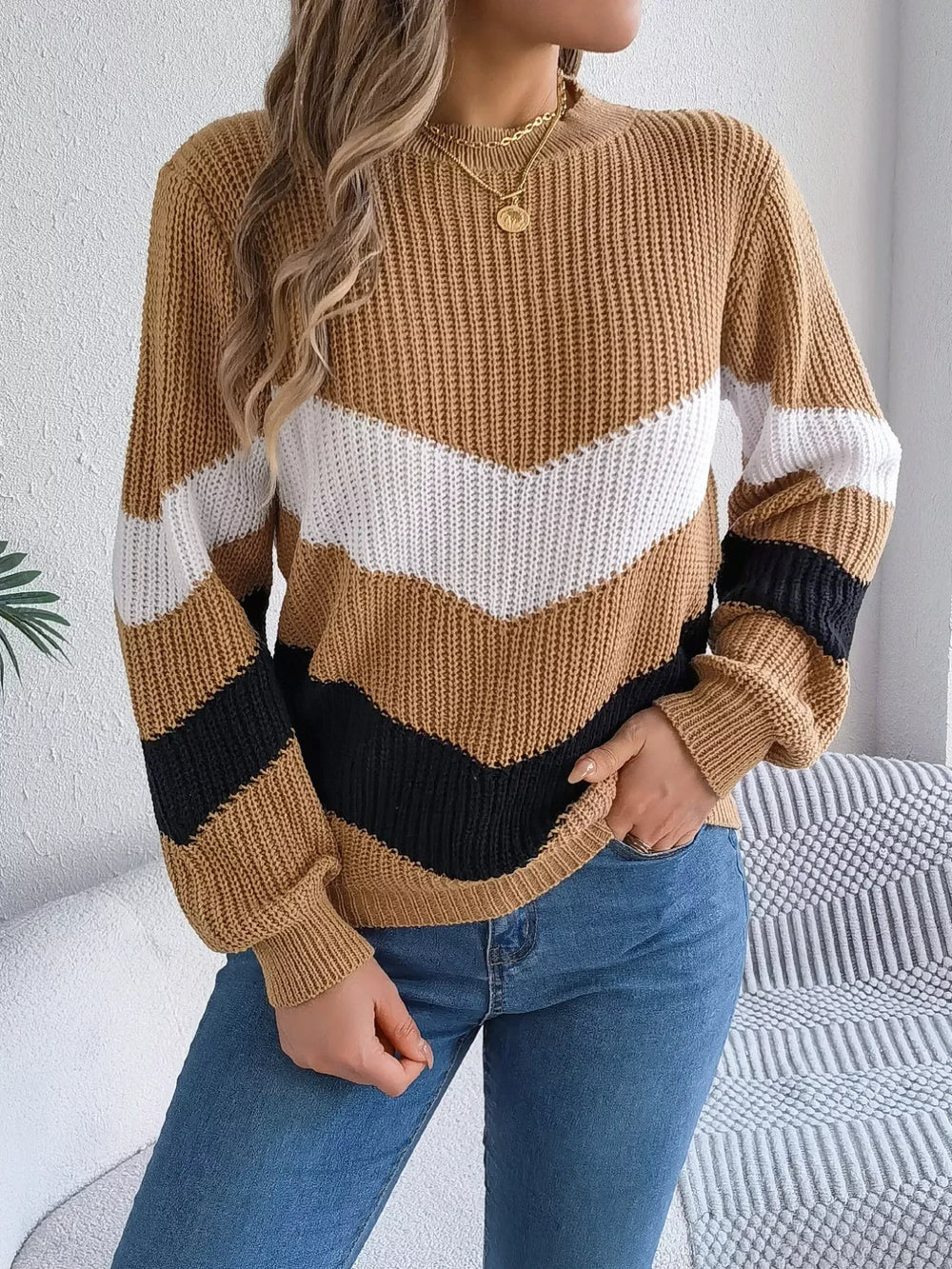 Women's Color Block Chevron Knit Sweater - TEVQA