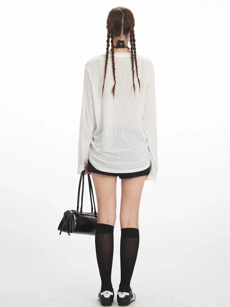 White Sheer Sketch Print Long Sleeve Tee - TEVQA