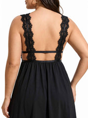 Black satin lace trim babydoll nightgown - View 7 | TEVQA