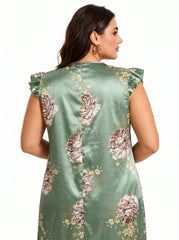 Floral print V-neck midi nightgown with lace trim and flutter sleeves - View 7 | TEVQA
