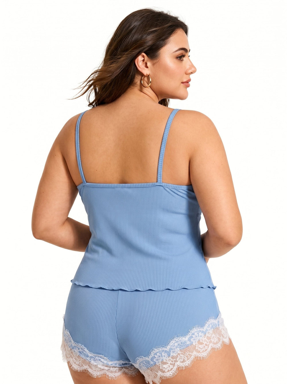 Light blue women's lace trim pajama set - View 7 | TEVQA