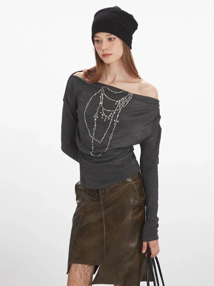 Y2K Grunge Rhinestone Necklace Off-Shoulder Top - TEVQA