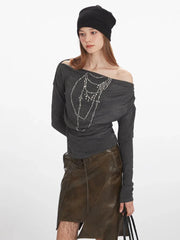 Y2K Grunge Rhinestone Necklace Off-Shoulder Top - TEVQA