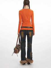 Vintage Pumpkin Orange Split Neck Long Sleeve Top - TEVQA