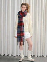 Tartan Plaid Fringed Scarf Red Grey Blue
