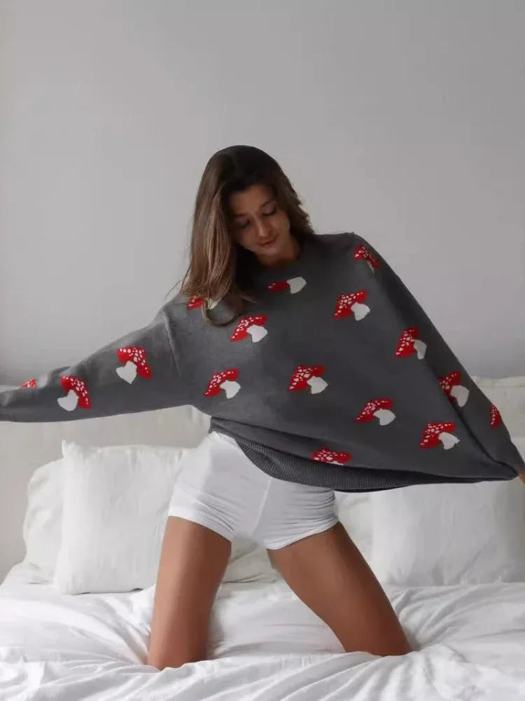 Whimsical Mushroom Oversized Crewneck Sweater - TEVQA