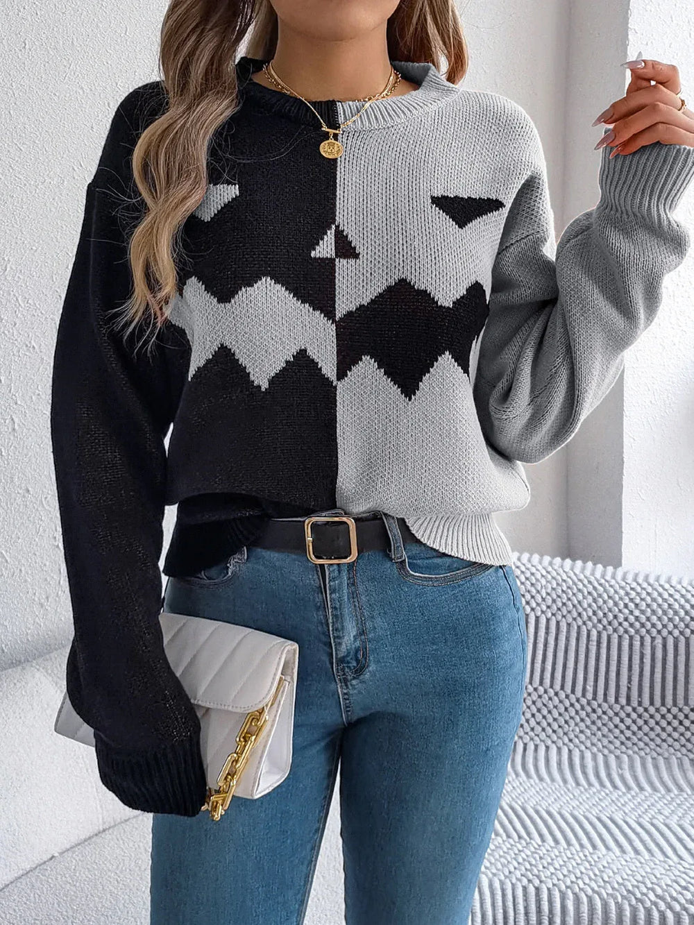 Spooky Chic Split Color Block Pumpkin Sweater - TEVQA