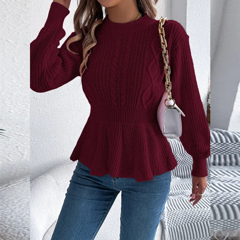 White Cable Knit Peplum Sweater - TEVQA