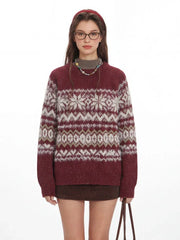 Vintage Burgundy Fair Isle Knit Sweater - TEVQA