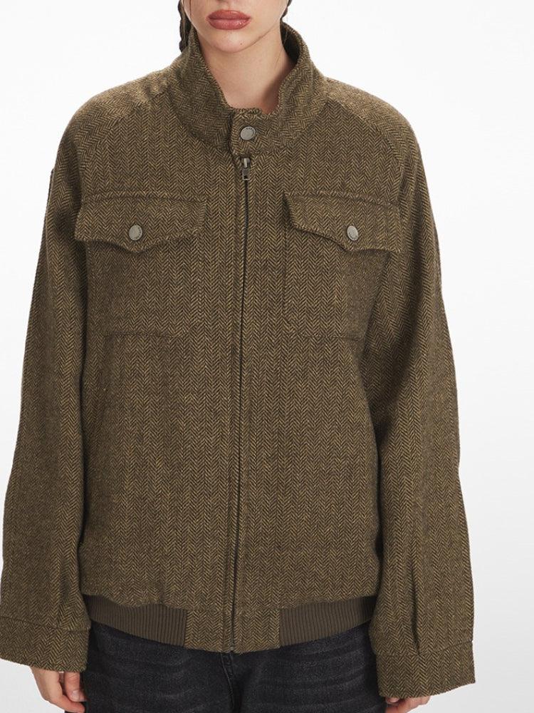 Vintage Herringbone Tweed Zip Jacket - TEVQA
