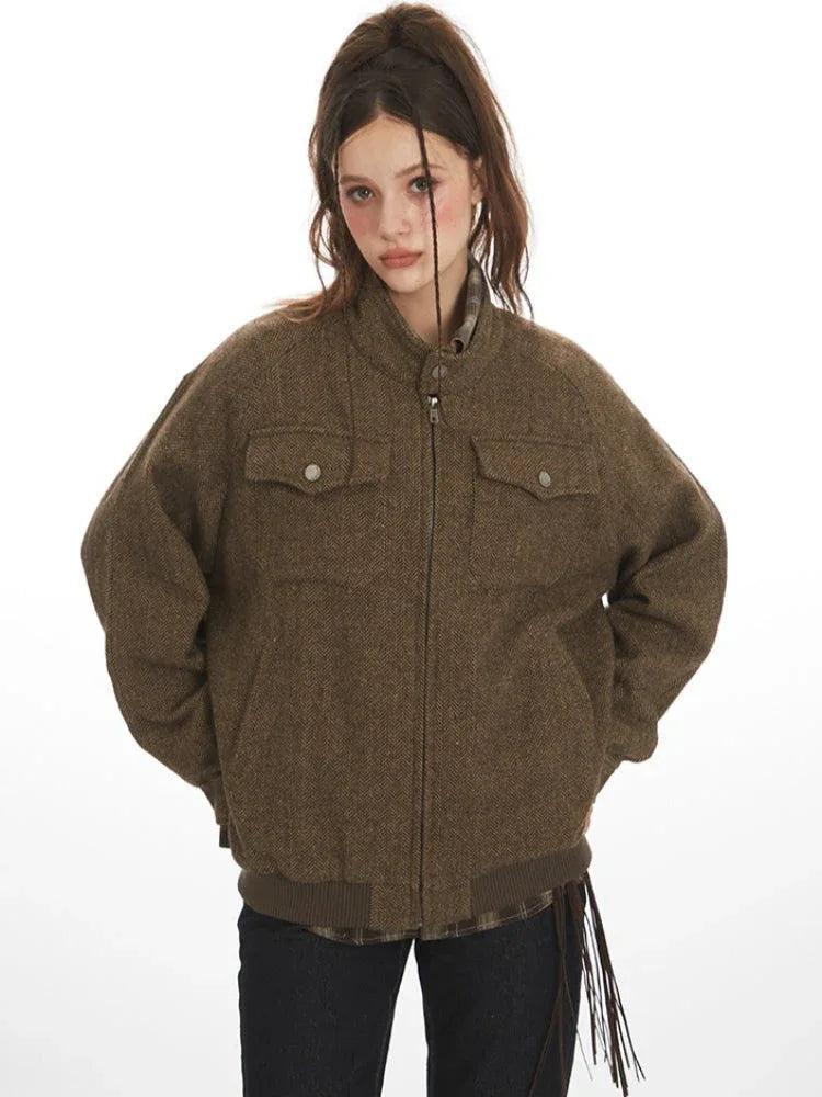 Vintage Herringbone Tweed Zip Jacket - TEVQA