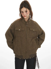 Vintage Herringbone Tweed Zip Jacket - TEVQA