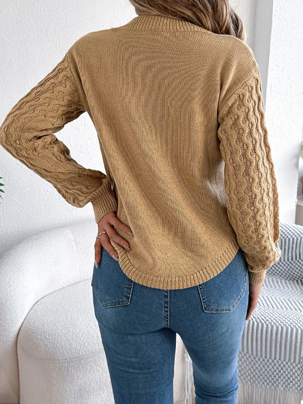 Camel Cable Knit Curved Hem Sweater - TEVQA