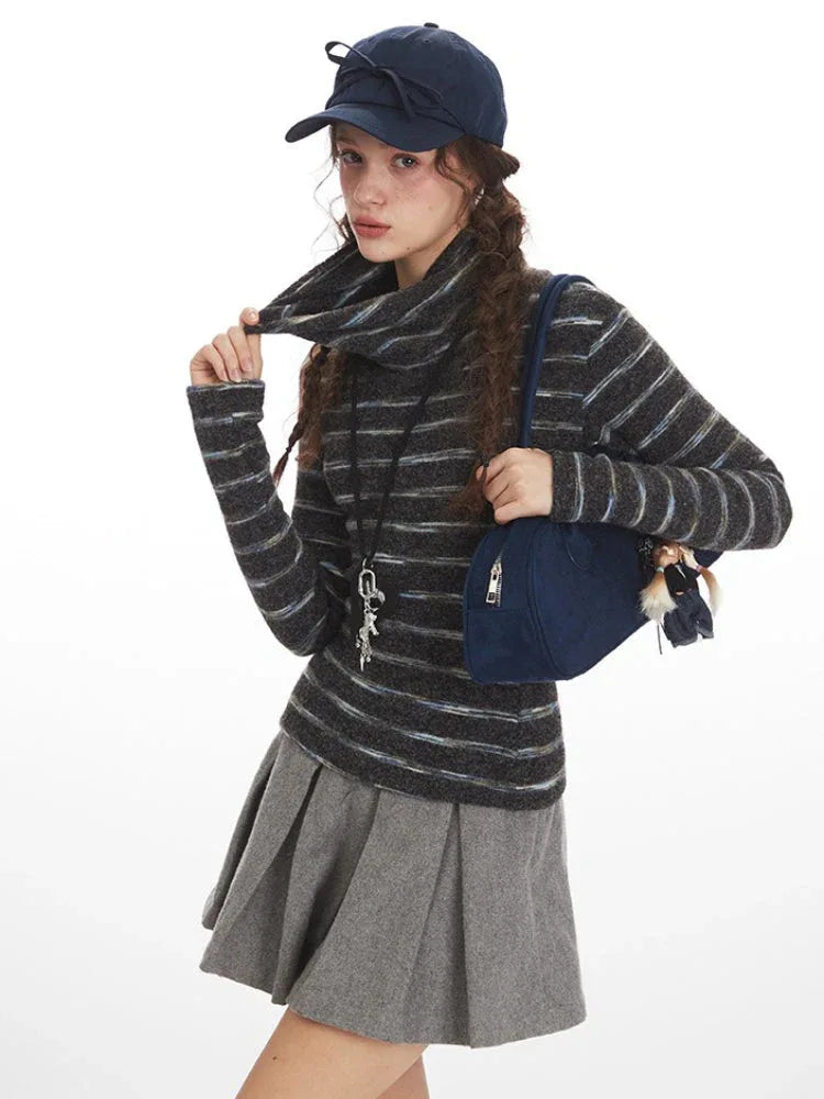 Y2K Grunge Striped Mock Neck Top - TEVQA