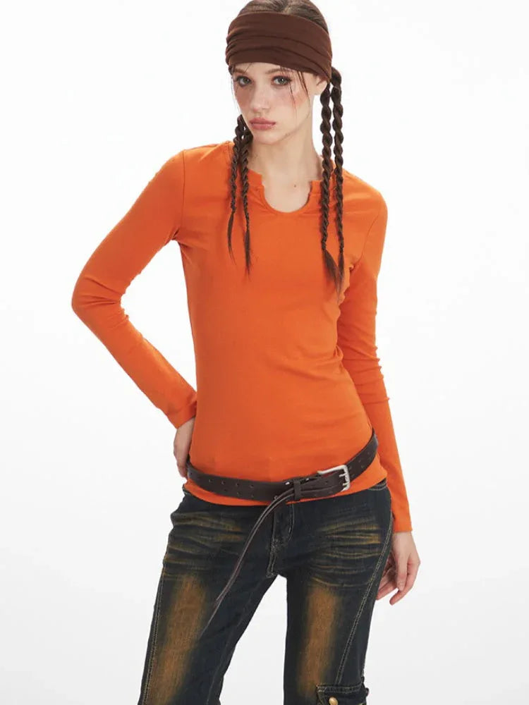 Vintage Pumpkin Orange Split Neck Long Sleeve Top - TEVQA