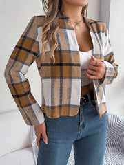 Chic Navy Blue Plaid Cropped Jacket