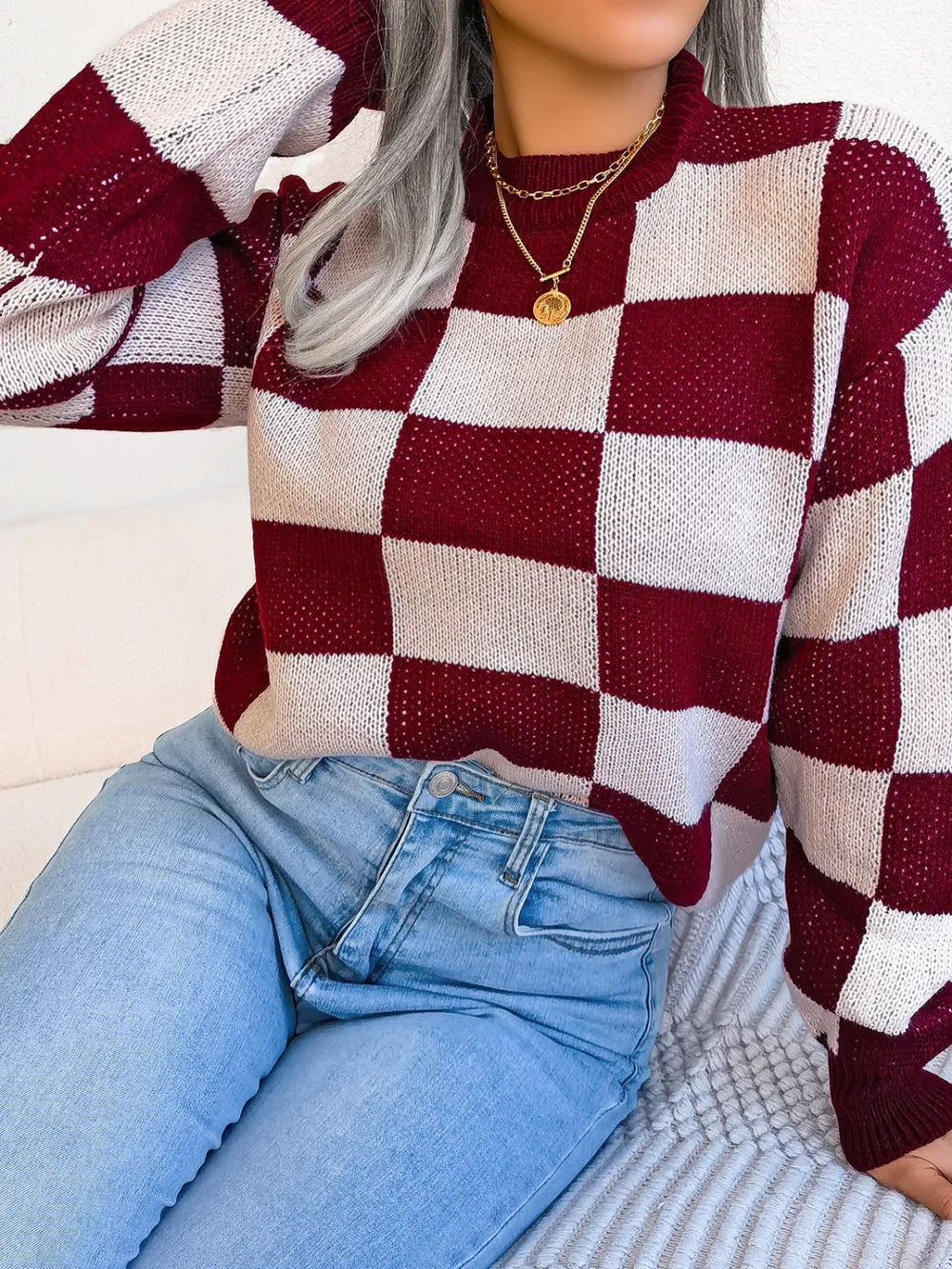 Black and white checkerboard knit mock neck sweater - View 17 | TEVQA