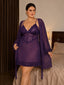 Front view of a plus size woman wearing a purple sheer chemise and matching robe with lace details