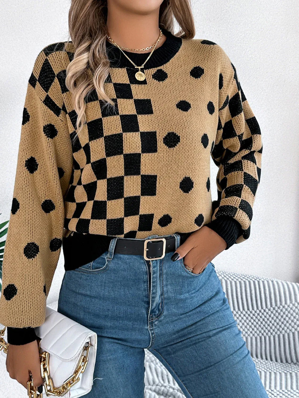 Gray Polka Dot & Checkerboard Knit Sweater - View 18 | TEVQA