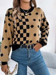 Gray Polka Dot & Checkerboard Knit Sweater - View 18 | TEVQA
