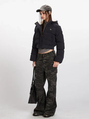 Textured Cropped Hooded Puffer Jacket - TEVQA