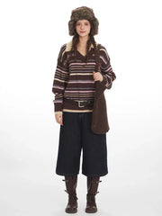 90s Retro Mocha & Berry Striped Polo Sweater - TEVQA