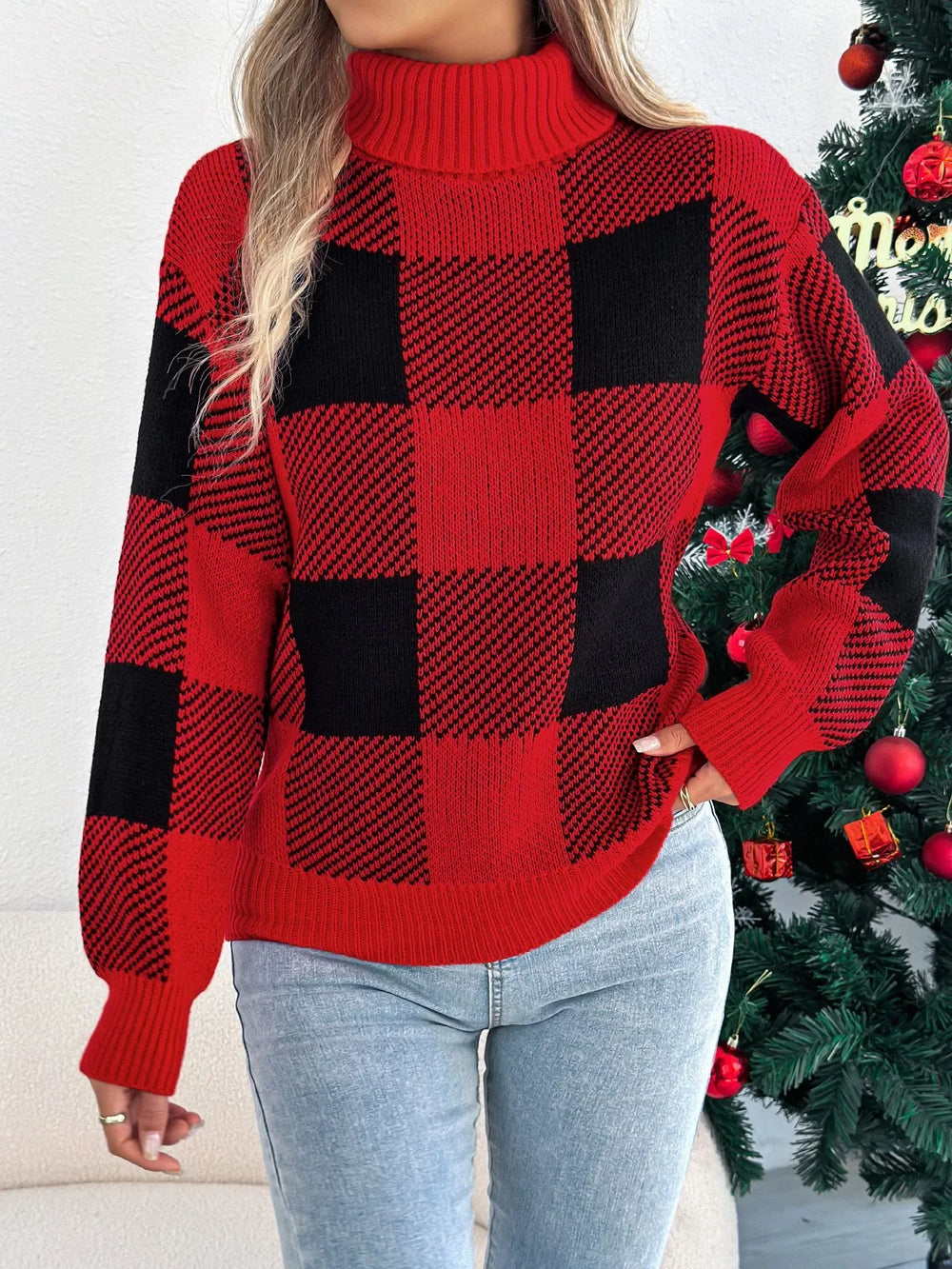 Buffalo Plaid Turtleneck Sweater - View 12 | TEVQA