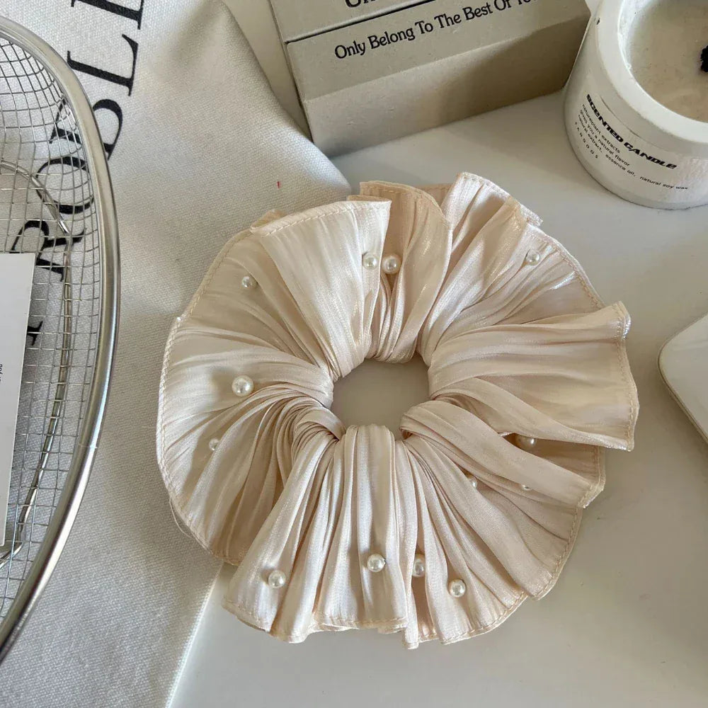 Jumbo Plissé Satin & Pearl Scrunchie (7 Inch) - TEVQA