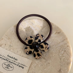 Acetate Leopard Flower Charm Hair Tie with Rhinestones (2.2 Inch)