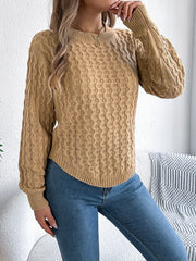 Camel Cable Knit Curved Hem Sweater - TEVQA
