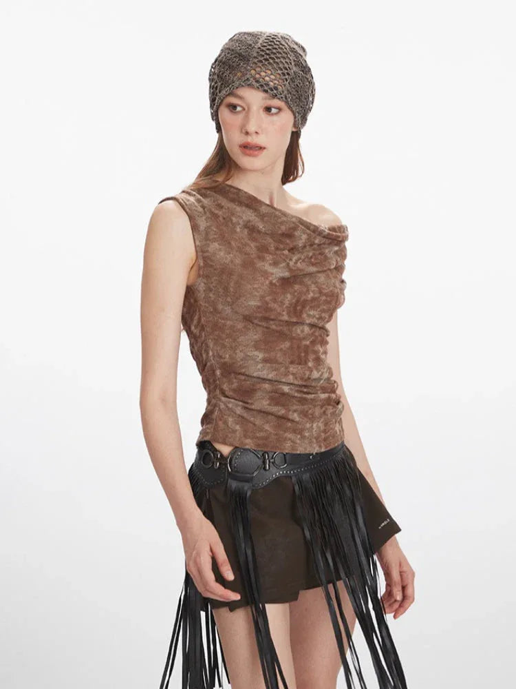 Y2K Acid Wash Draped Cowl Neck Top - TEVQA