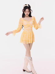 Yellow Tie-Dye Long Sleeve Swim Dress