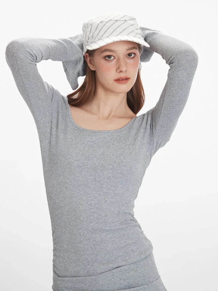 Grey bell sleeve knit top with ruched detailing - View 6 | TEVQA