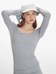 Grey bell sleeve knit top with ruched detailing - View 6 | TEVQA