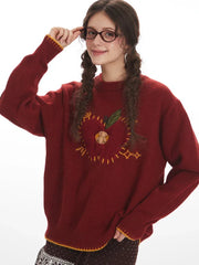 Whimsical Apple & Teddy Bear Pocket Knit Sweater - TEVQA