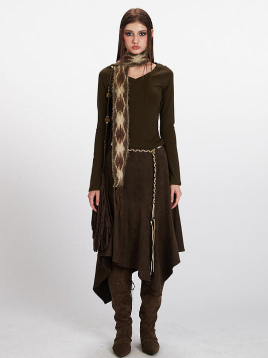 Vintage Dark Olive V-Neck Raglan Crop Top