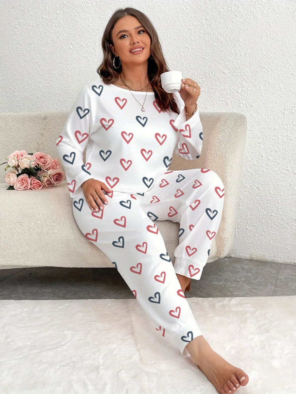 Plus Size Pink Heart Print Jogger Pajama Set - TEVQA