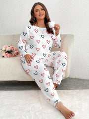 Plus Size Pink Heart Print Jogger Pajama Set - TEVQA