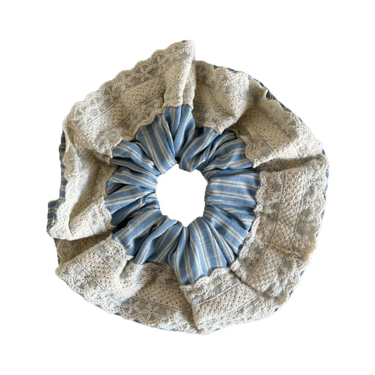 Oversized Striped Scrunchie with Wide Lace Trim - 7 Inch