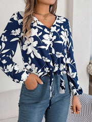 Monochrome floral tie-front blouse - View 13 | TEVQA